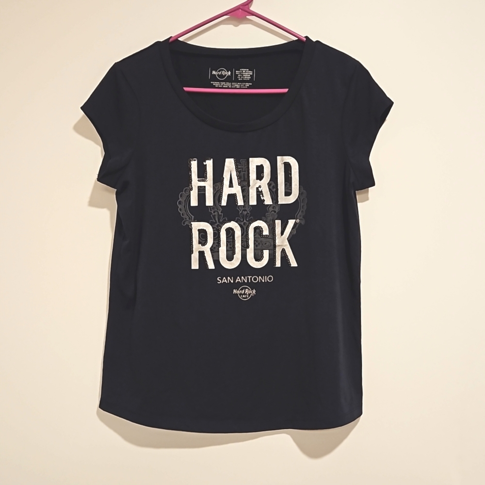 Hard Rock San Antonio black cap sleeve graphic tee Med. sequin accents